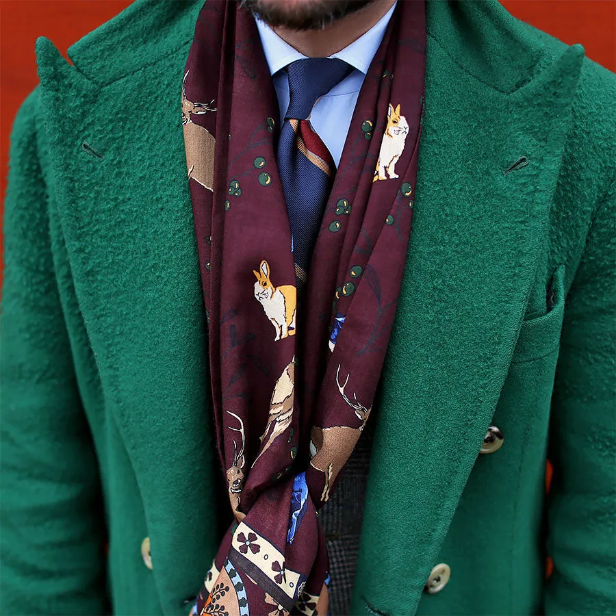 Animal Printed Wool / Silk Scarf - Burgundy