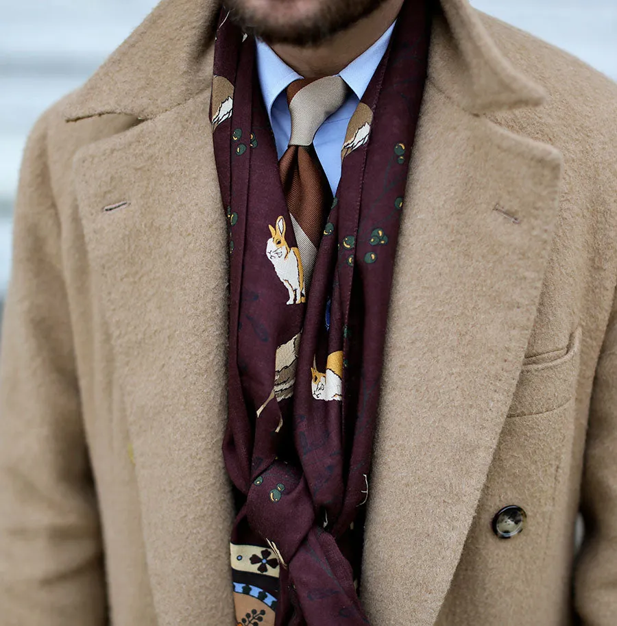 Animal Printed Wool / Silk Scarf - Burgundy