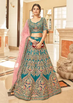 Appealing Teal Blue Velvet Heavy Embroidery Wedding Lehenga Choli