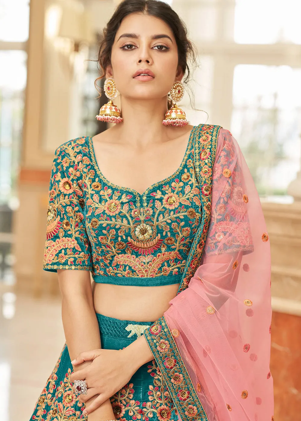 Appealing Teal Blue Velvet Heavy Embroidery Wedding Lehenga Choli