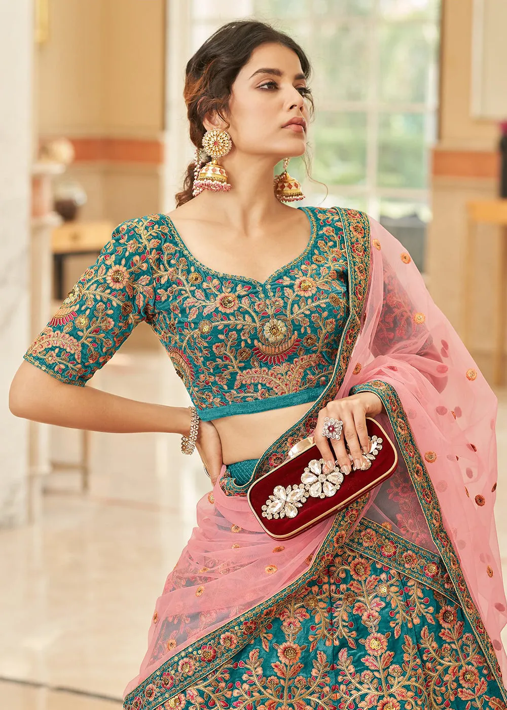 Appealing Teal Blue Velvet Heavy Embroidery Wedding Lehenga Choli