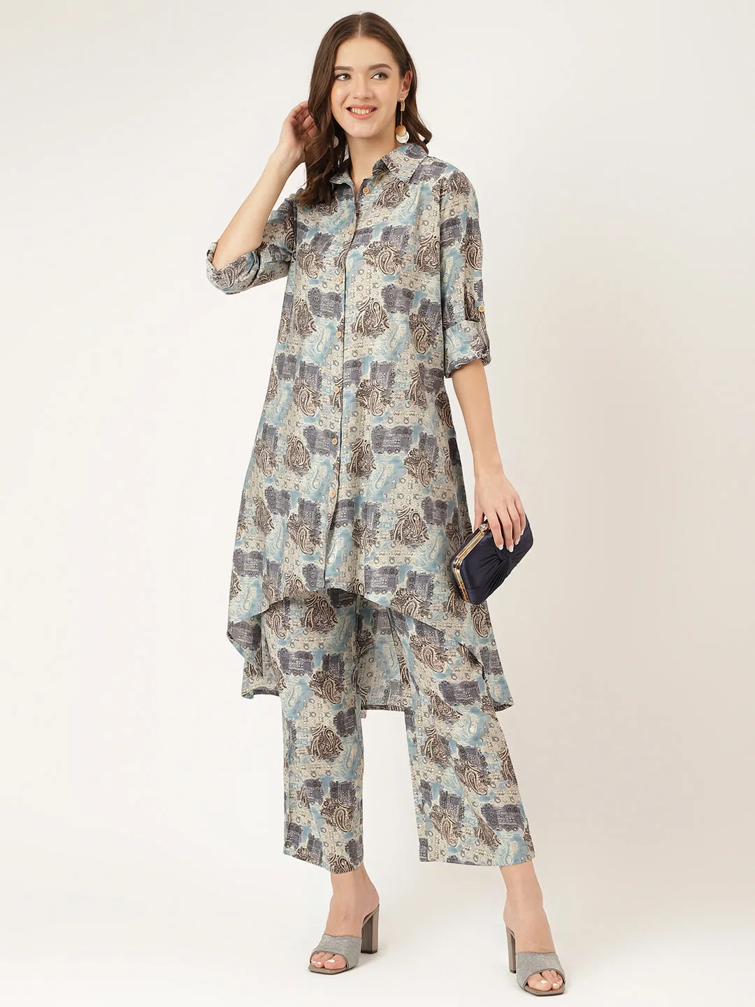 Blue Foil Printed Chanderi Co-Ord Set