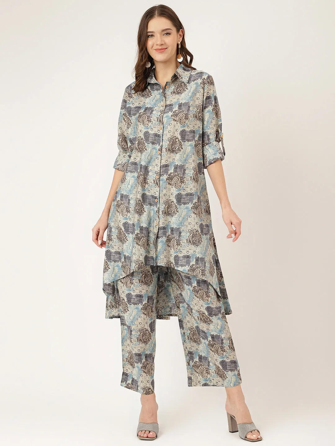 Blue Foil Printed Chanderi Co-Ord Set