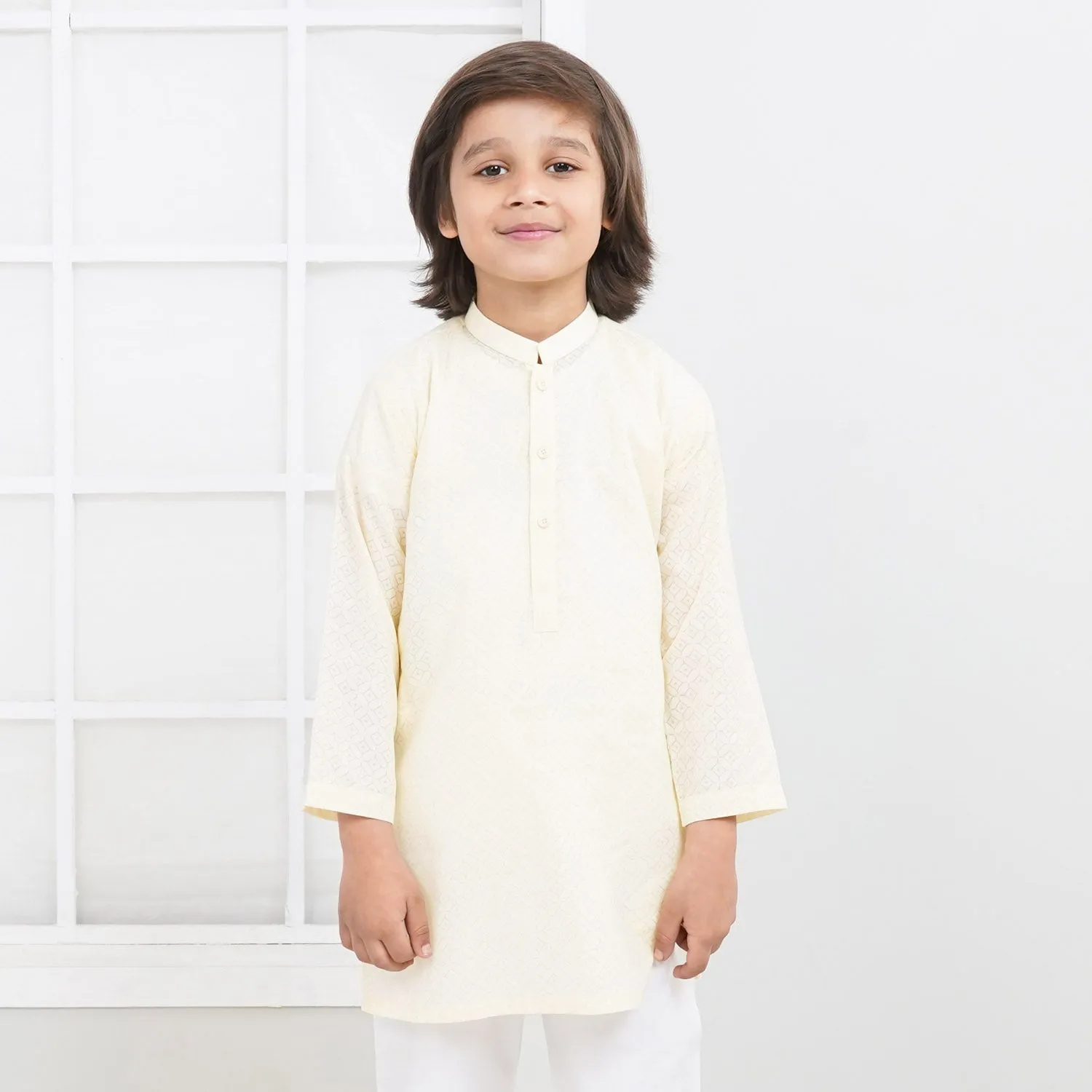 Boys Cotton Basic Kurta Burn Out - Lime