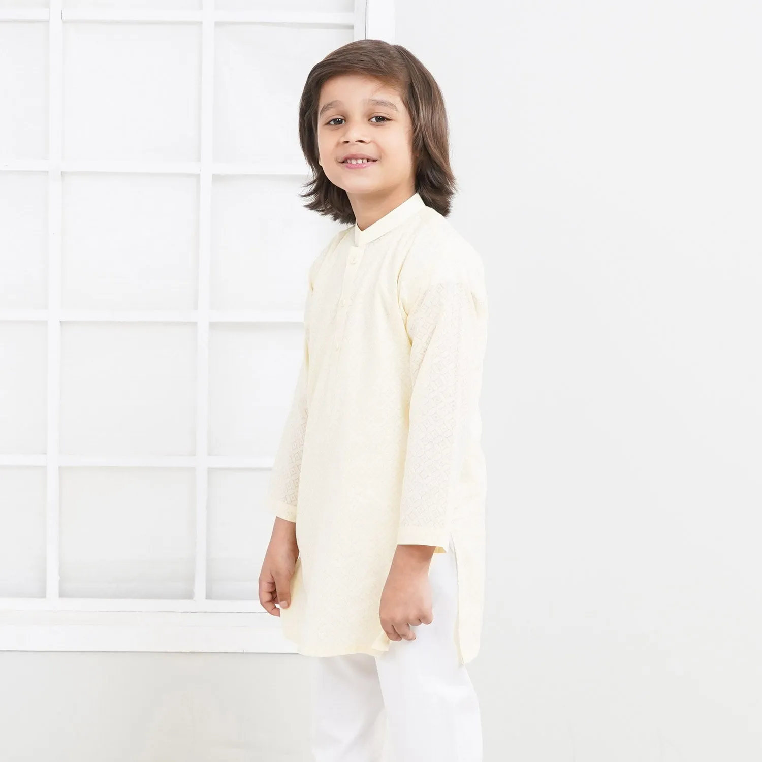 Boys Cotton Basic Kurta Burn Out - Lime
