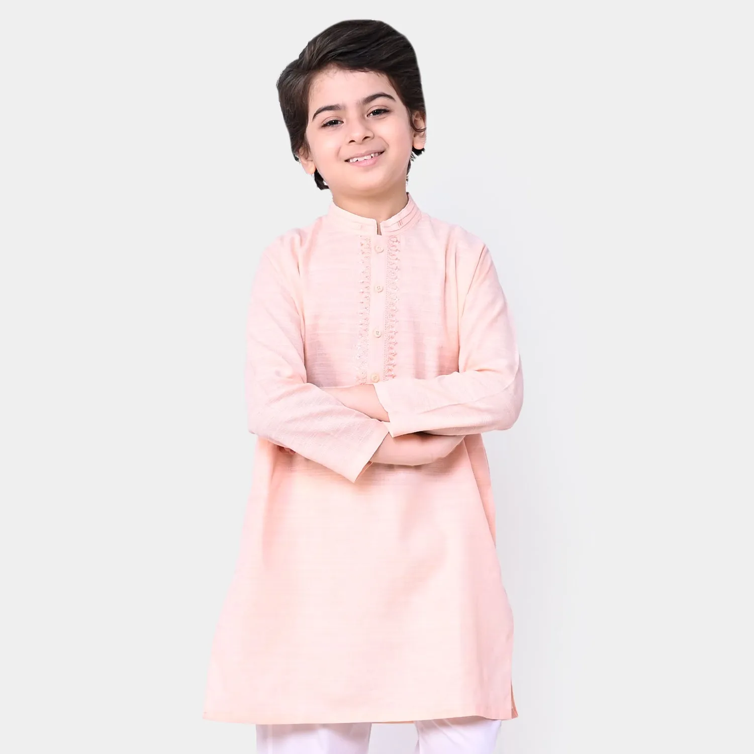 Boys Cotton Embroidered Kurta - Peach