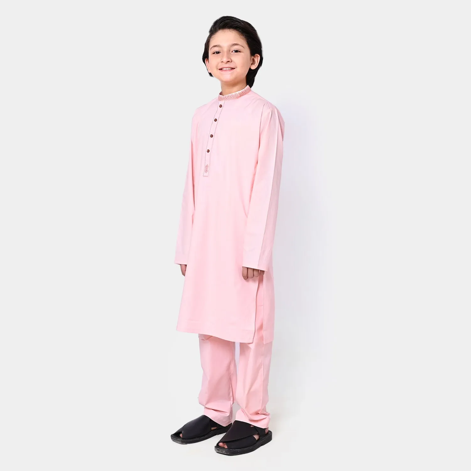 Boys Cotton Poplin Embroidered Kurta Pajama - L Peach