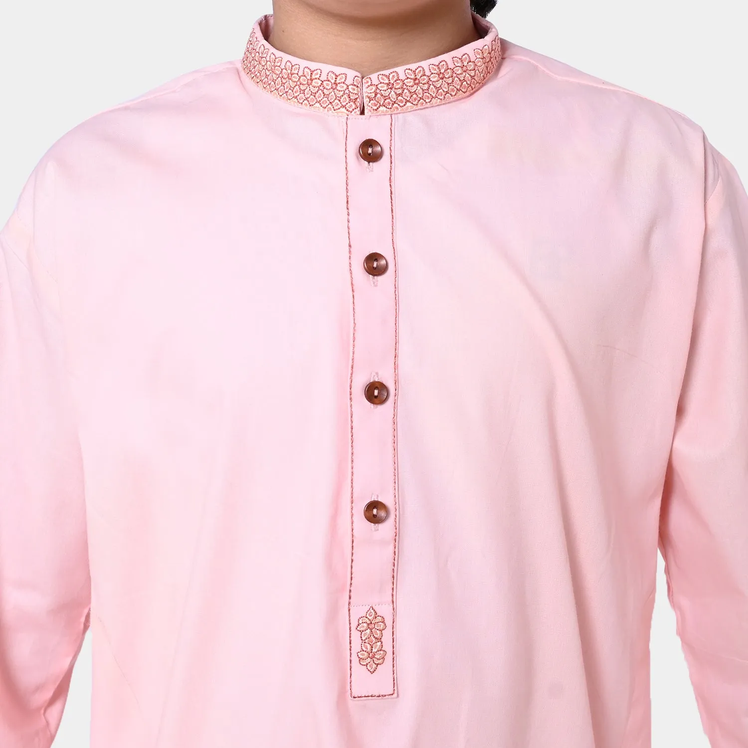 Boys Cotton Poplin Embroidered Kurta Pajama - L Peach