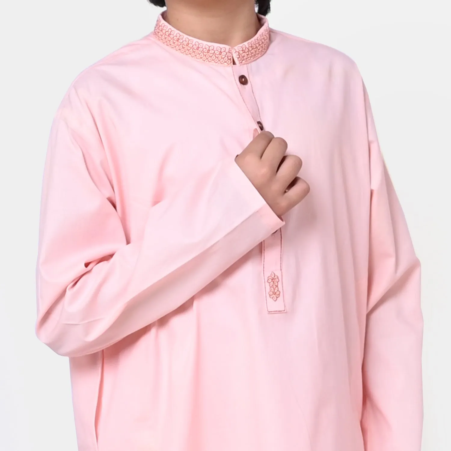 Boys Cotton Poplin Embroidered Kurta Pajama - L Peach
