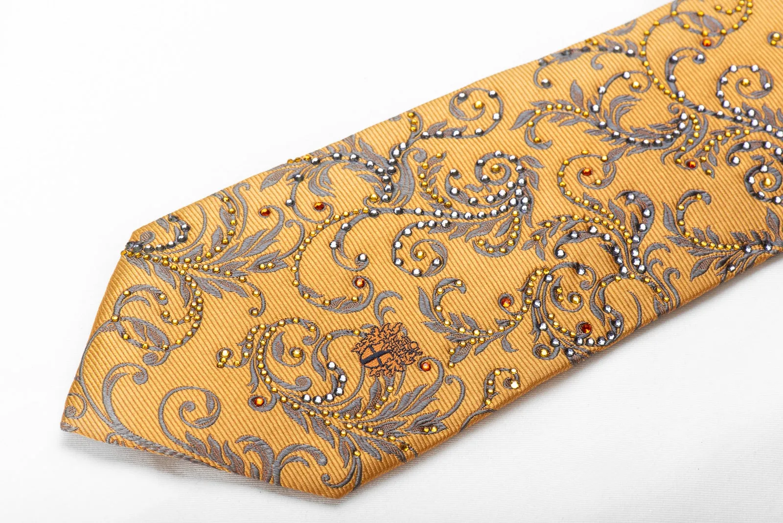 Daks Men's Crystal Silk Tie Silver Acanthus On Golden Yellow Sparkling With Rhinestones