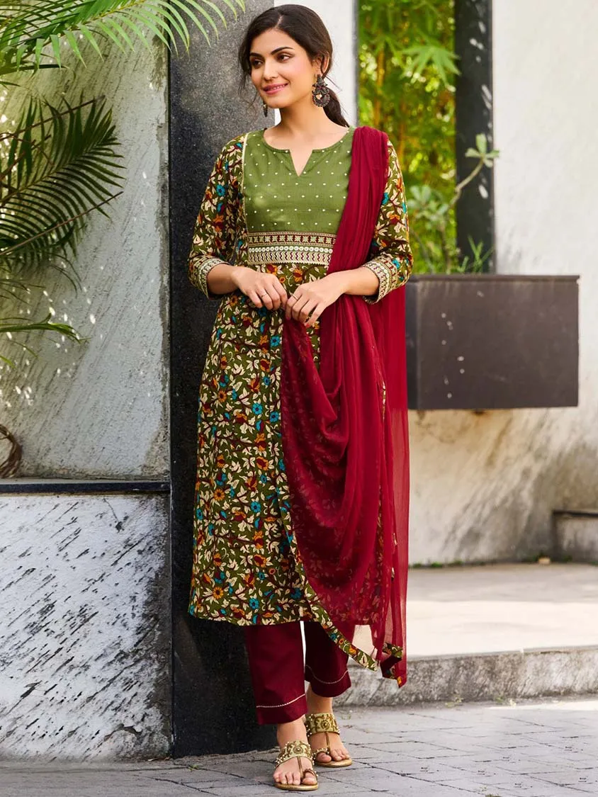 Embroidered Green Cotton Stitched Suit Set