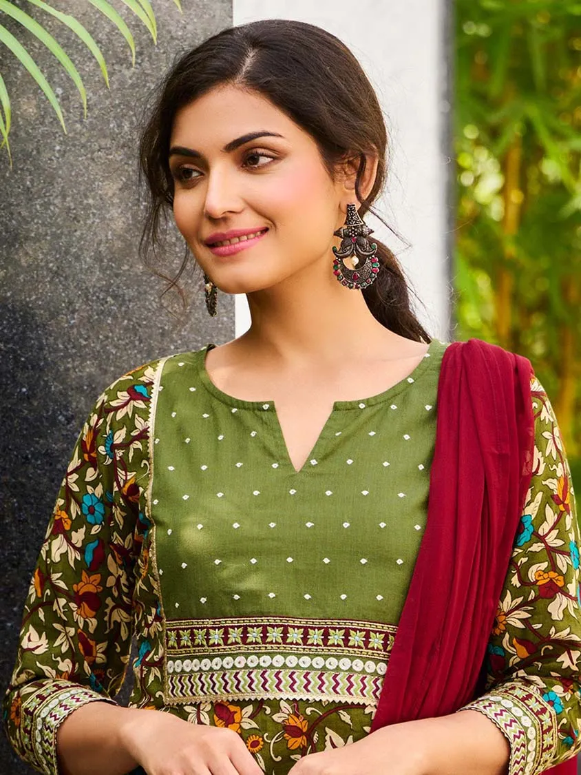 Embroidered Green Cotton Stitched Suit Set
