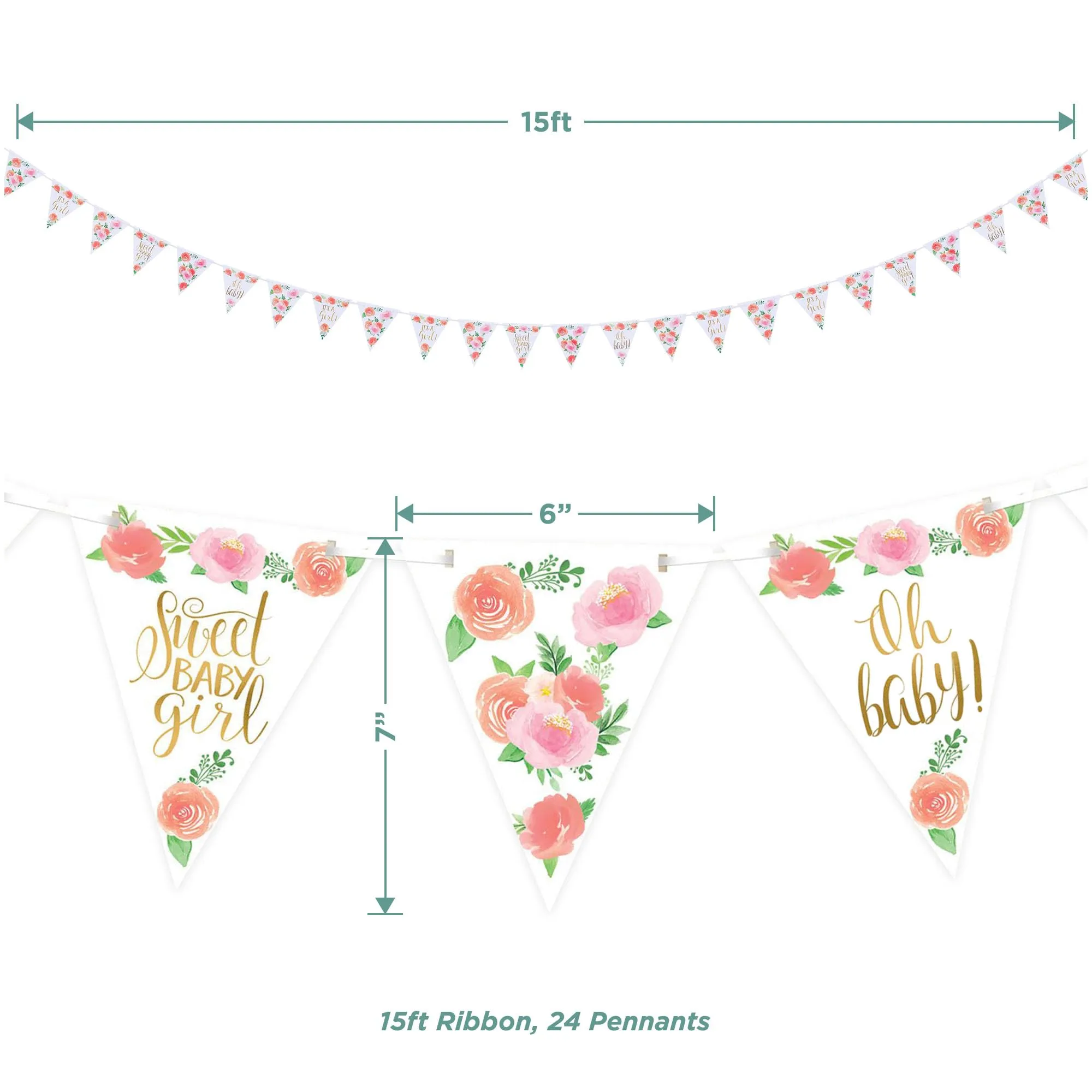 Floral Baby Shower Party Supplies - Sweet Baby Girl Pennant Banner and Spiral Decorations