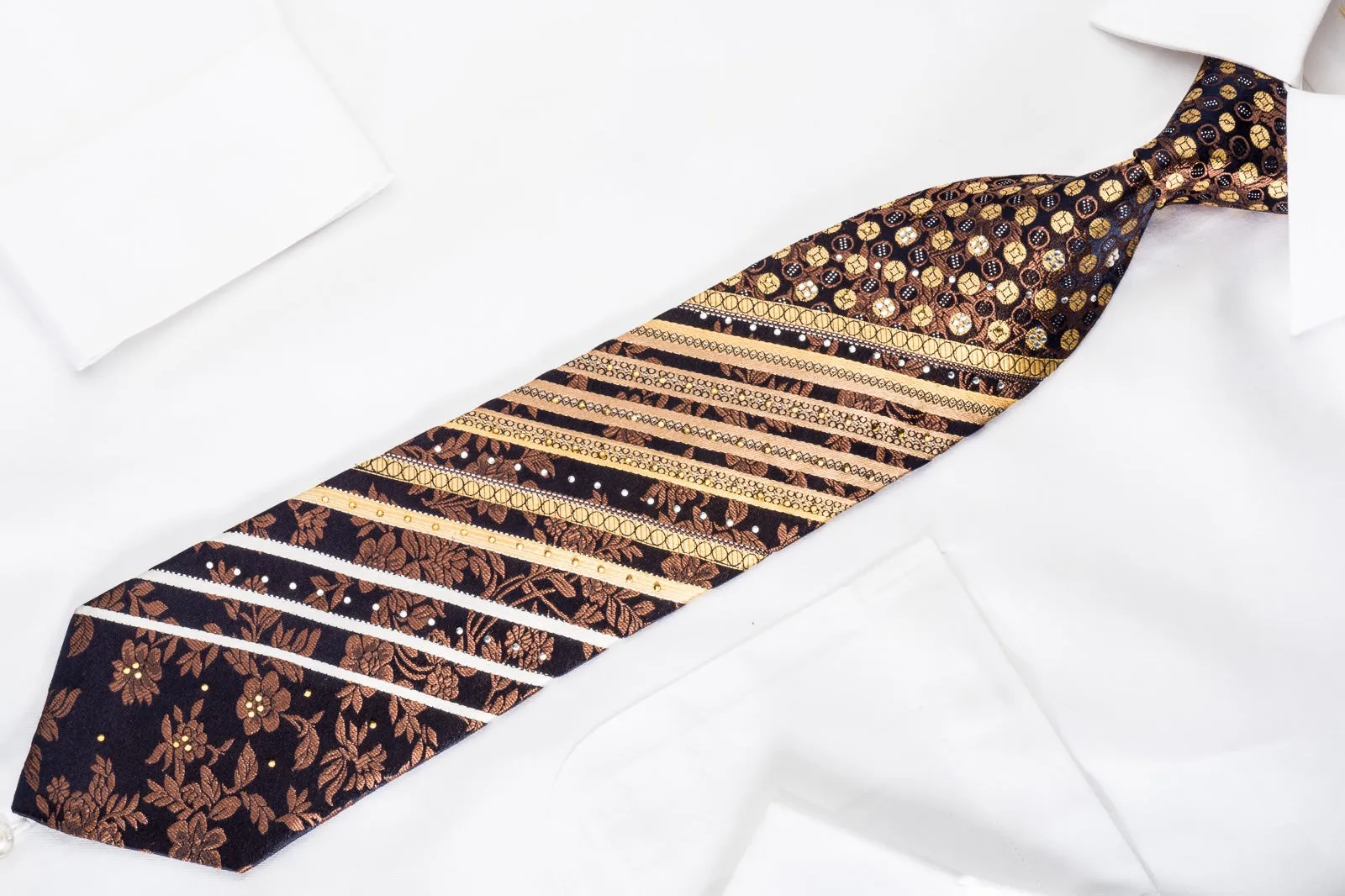 Gold Striped On Brown Floral On Navy Crystal Tie With Silver Sparkles