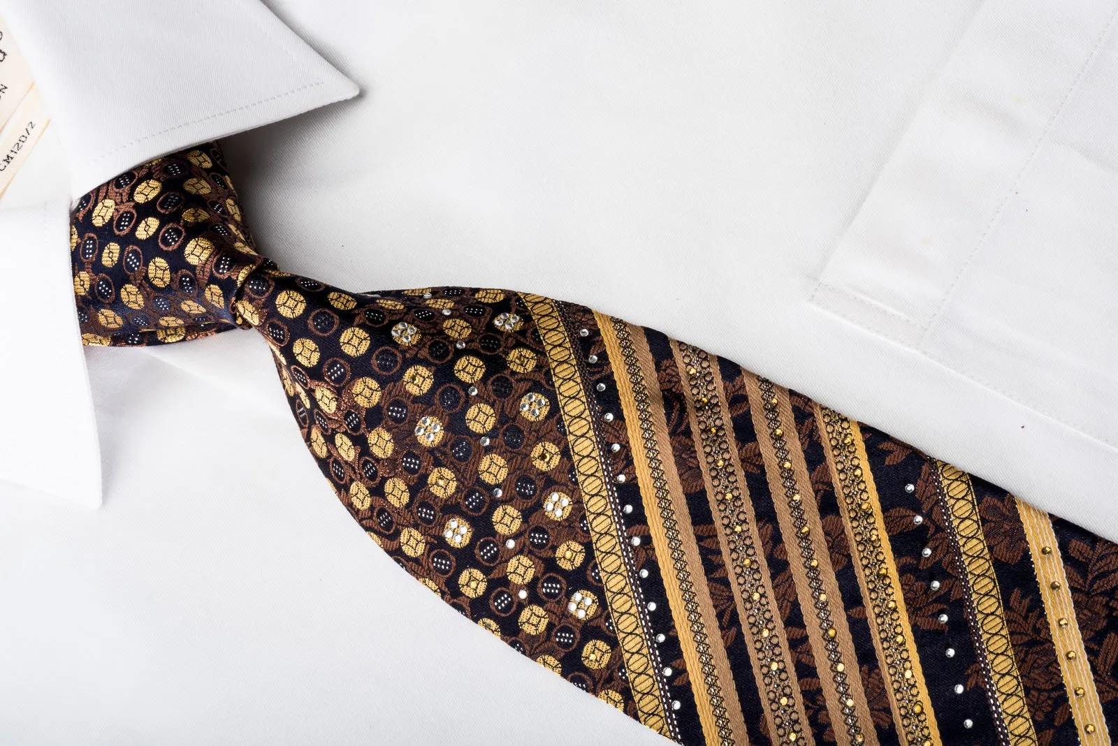 Gold Striped On Brown Floral On Navy Crystal Tie With Silver Sparkles