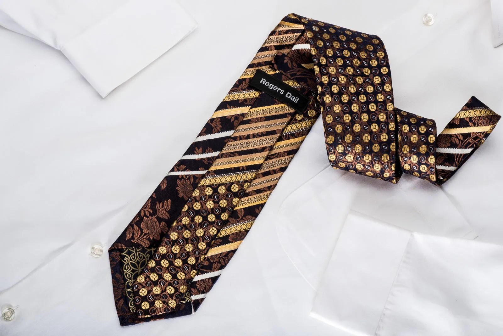 Gold Striped On Brown Floral On Navy Crystal Tie With Silver Sparkles