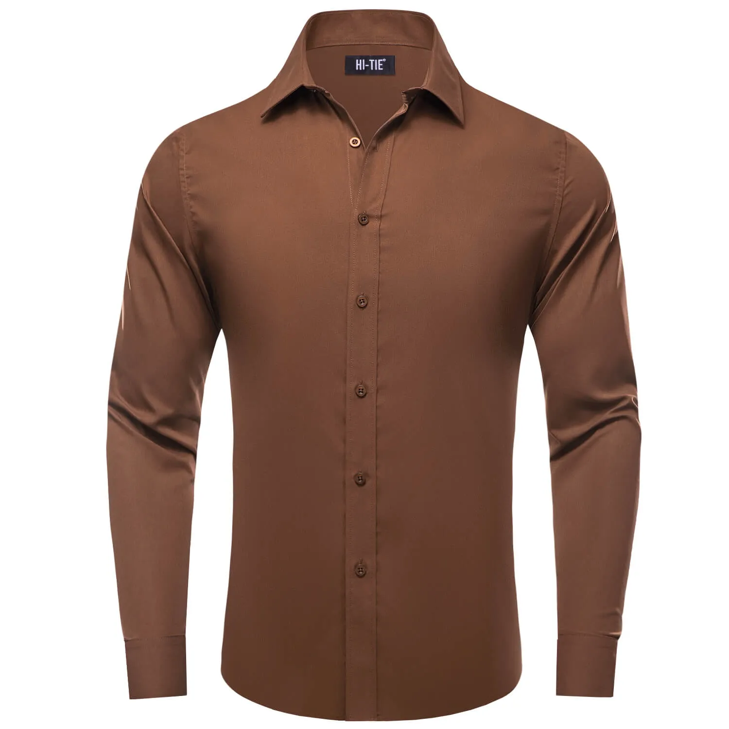 Mens Saddle Brown Solid Silk Dress Shirt by Hi-Tie - Button Down Classic Style