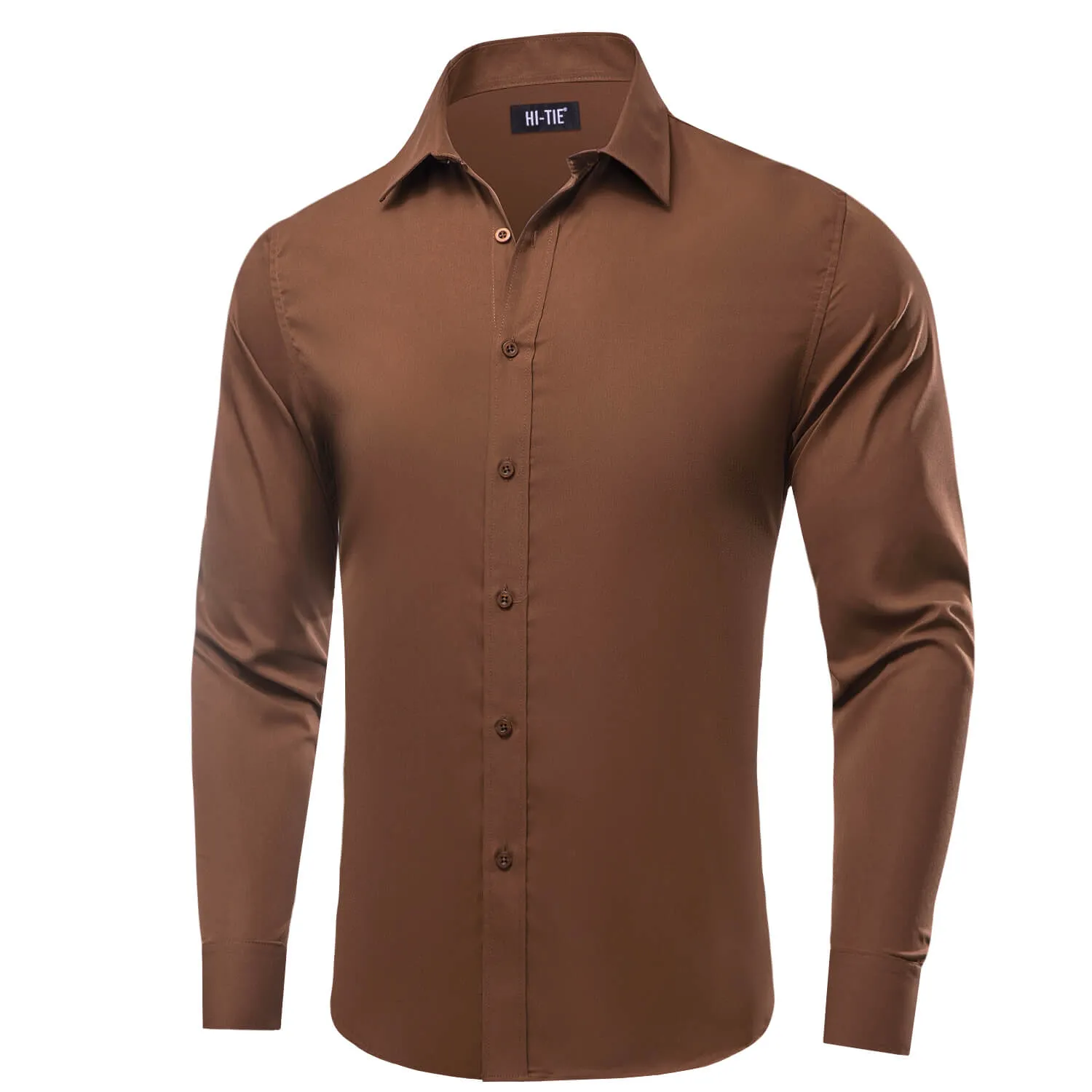 Mens Saddle Brown Solid Silk Dress Shirt by Hi-Tie - Button Down Classic Style