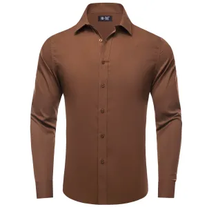Mens Saddle Brown Solid Silk Dress Shirt by Hi-Tie - Button Down Classic Style