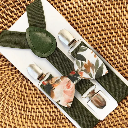 Ivory Terracotta Floral Bow Tie & Olive Elastic Suspenders Set