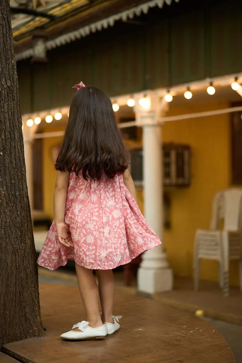 Kin’ halterneck girls dress in pink floral hand block print cotton