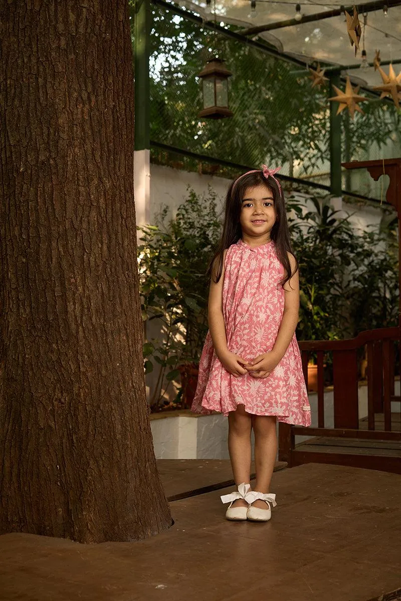 Kin’ halterneck girls dress in pink floral hand block print cotton
