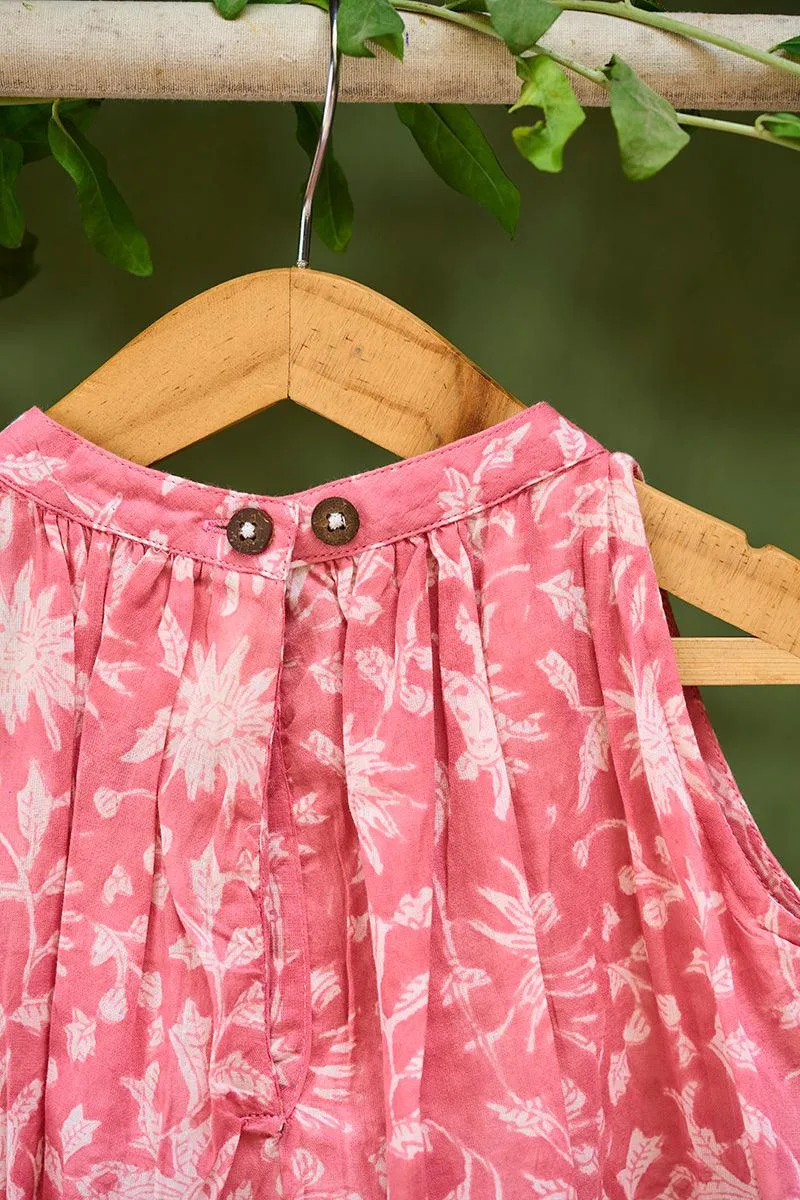Kin’ halterneck girls dress in pink floral hand block print cotton