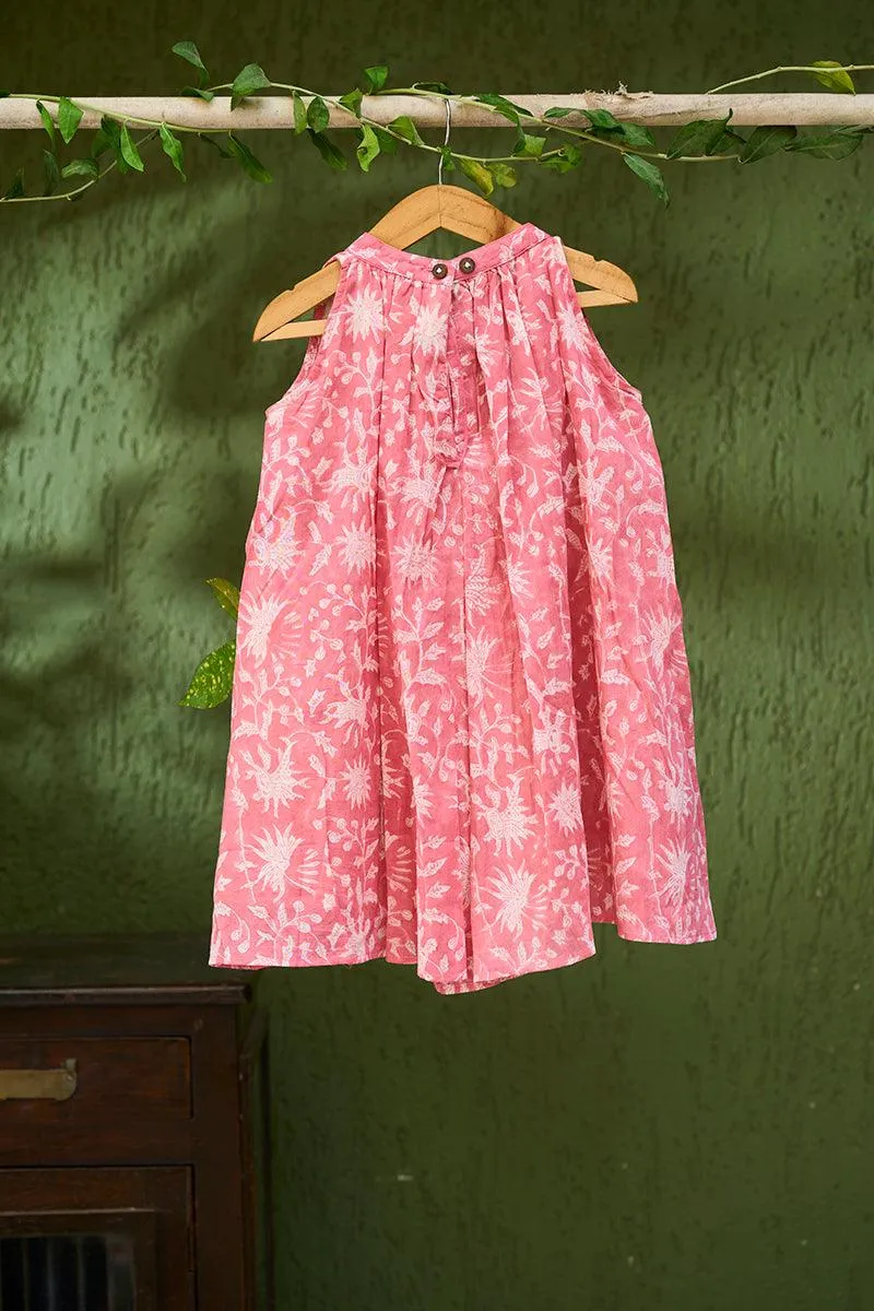 Kin’ halterneck girls dress in pink floral hand block print cotton