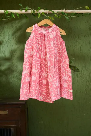 Kin’ halterneck girls dress in pink floral hand block print cotton