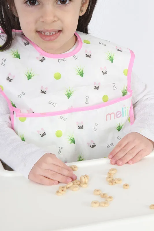 melii Fold Up Bib 2-Pack - Water-Resistant and Playful White & Pink Dog Design, Adjustable Velcro, Deep Spill Pocket - Perfect for On-the-Go Parents and Messy Mealtimes
