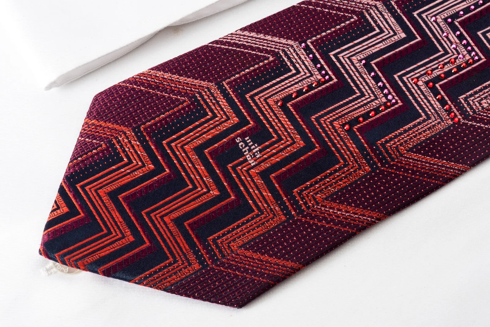 Mila Schon Rhinestone Silk Necktie Yellow Chevron On Burgundy With Red Sparkles