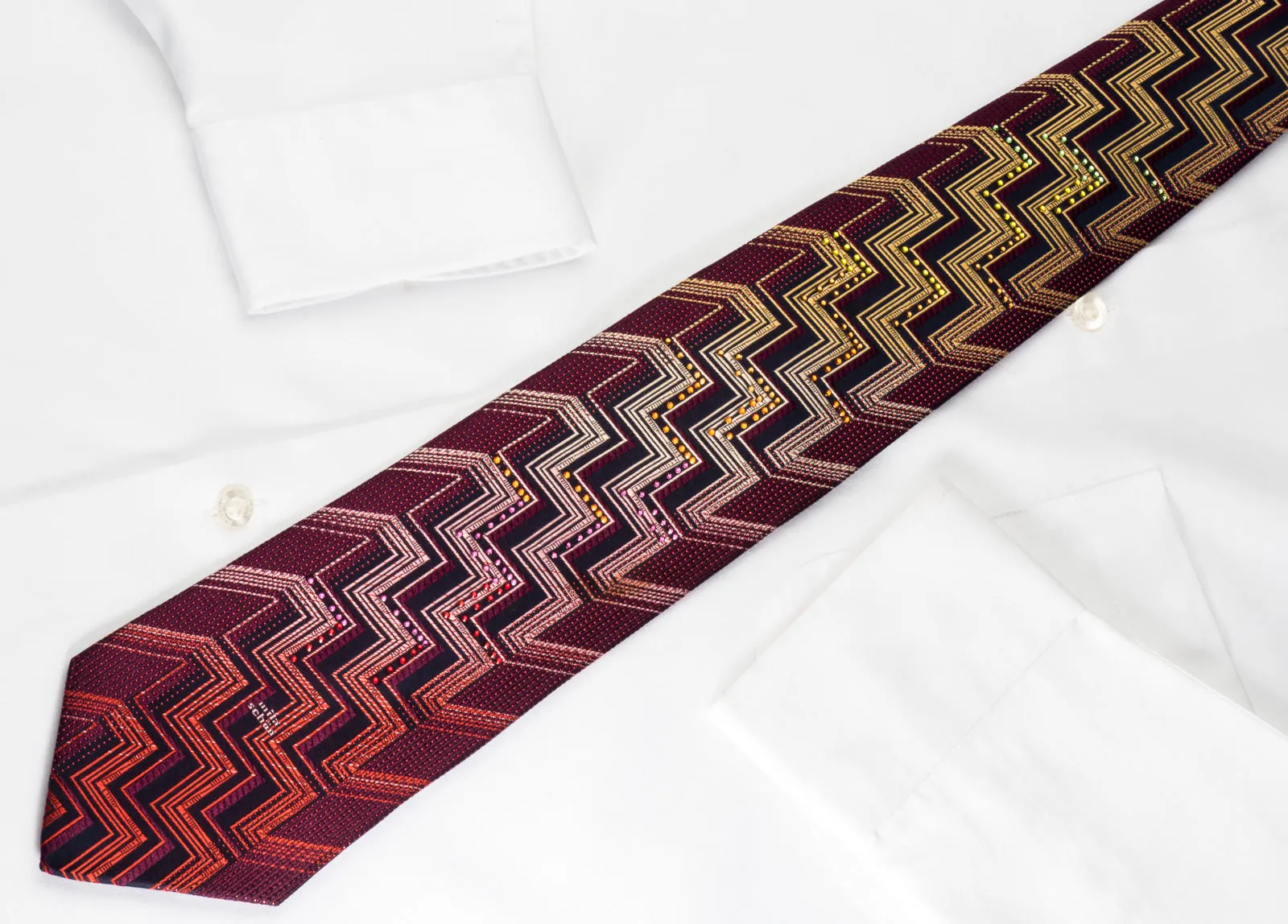 Mila Schon Rhinestone Silk Necktie Yellow Chevron On Burgundy With Red Sparkles