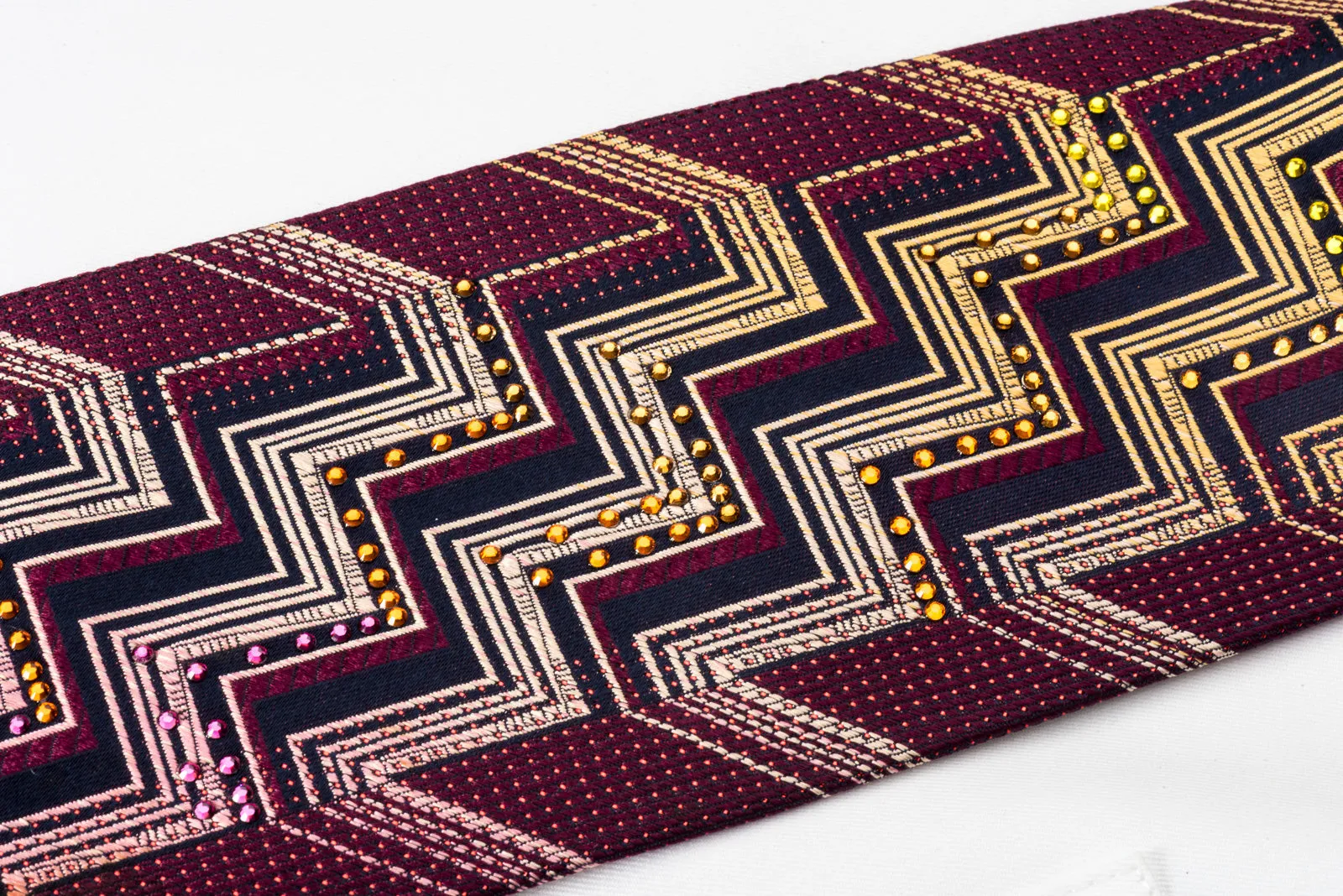 Mila Schon Rhinestone Silk Necktie Yellow Chevron On Burgundy With Red Sparkles