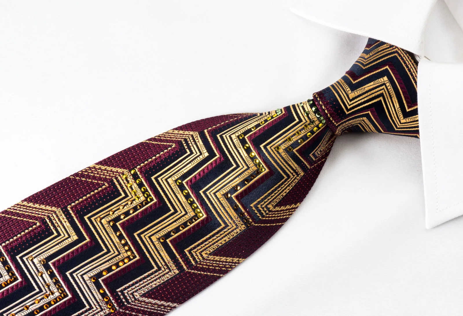 Mila Schon Rhinestone Silk Necktie Yellow Chevron On Burgundy With Red Sparkles
