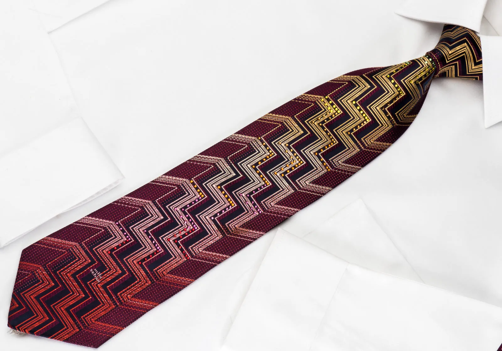 Mila Schon Rhinestone Silk Necktie Yellow Chevron On Burgundy With Red Sparkles