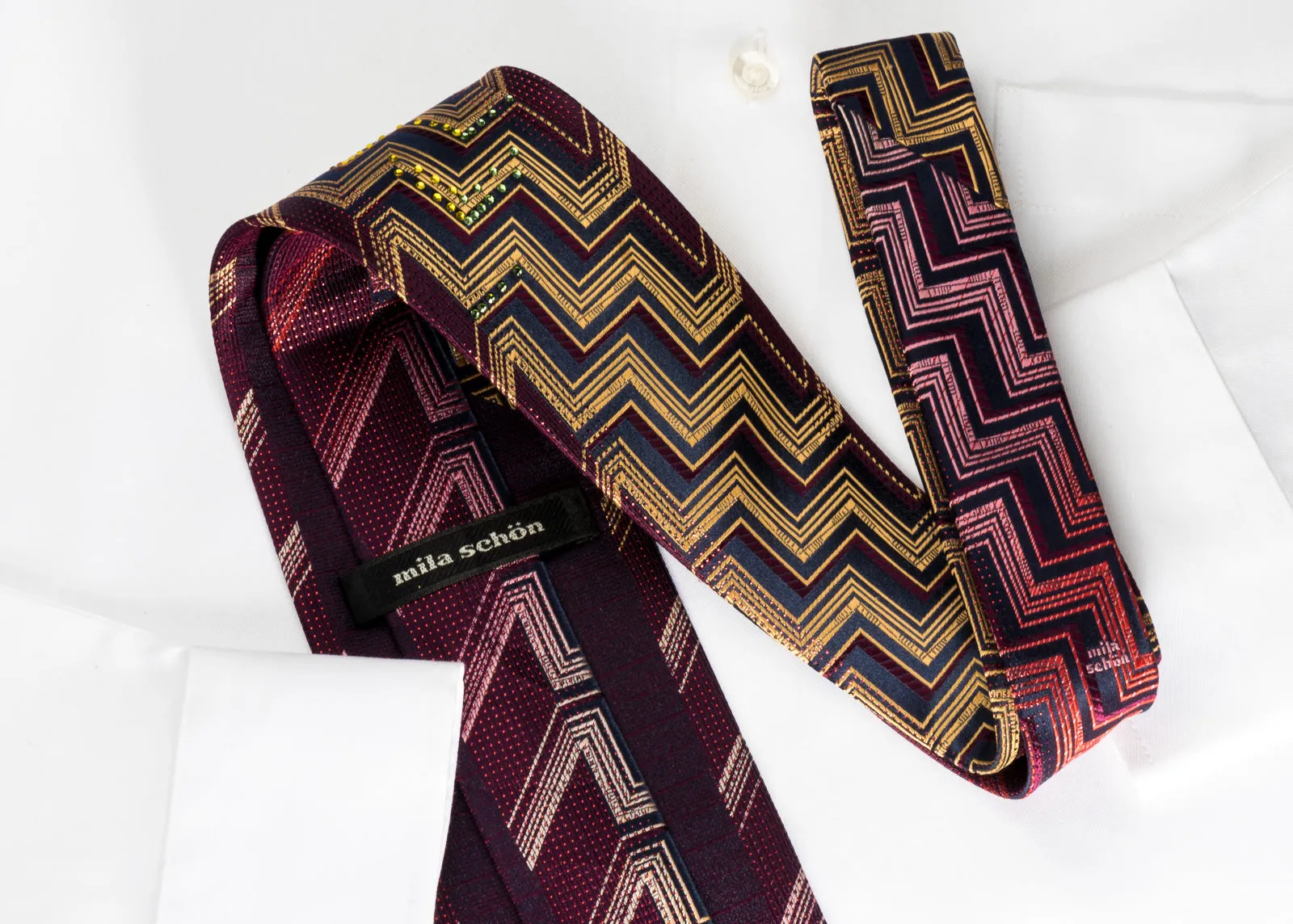 Mila Schon Rhinestone Silk Necktie Yellow Chevron On Burgundy With Red Sparkles
