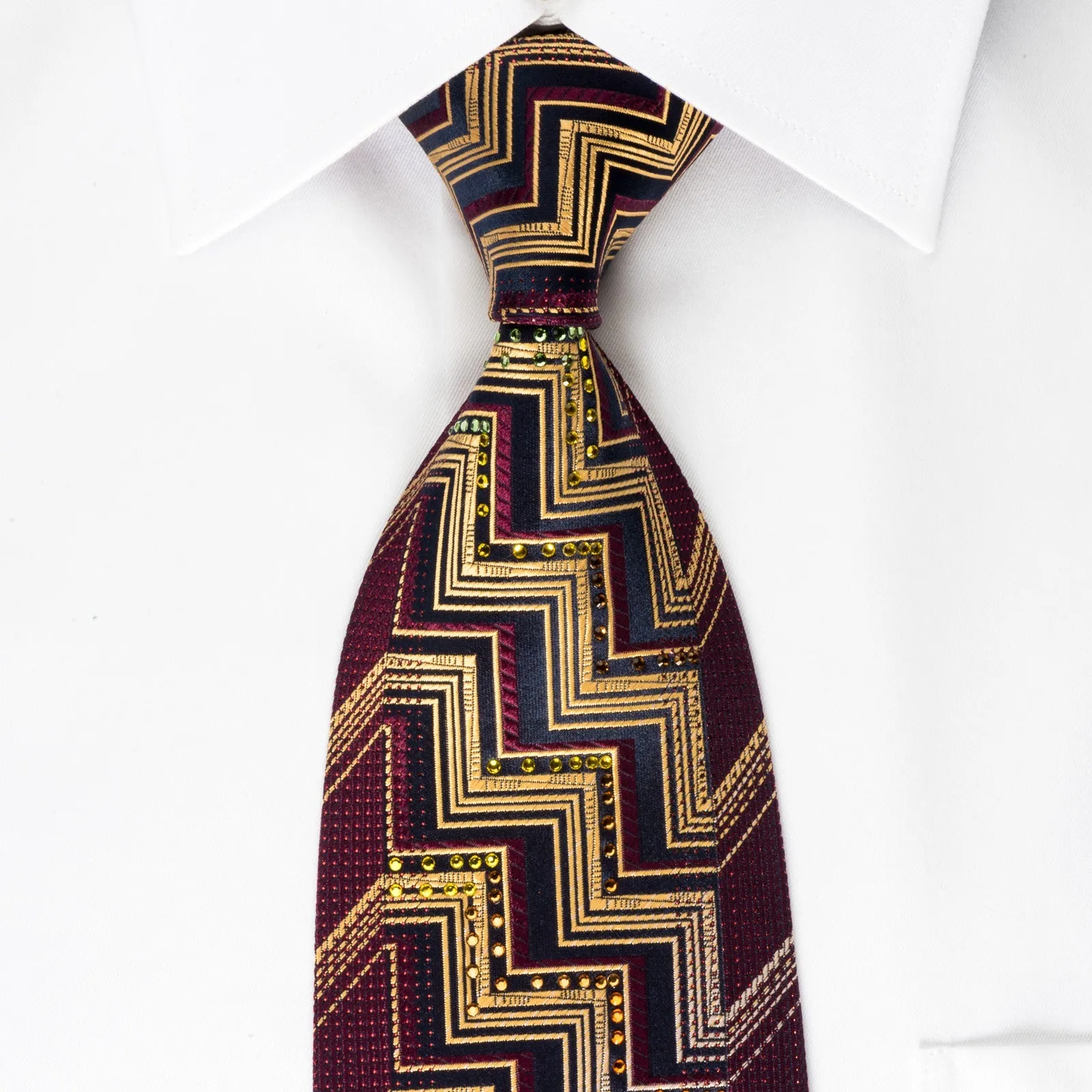 Mila Schon Rhinestone Silk Necktie Yellow Chevron On Burgundy With Red Sparkles