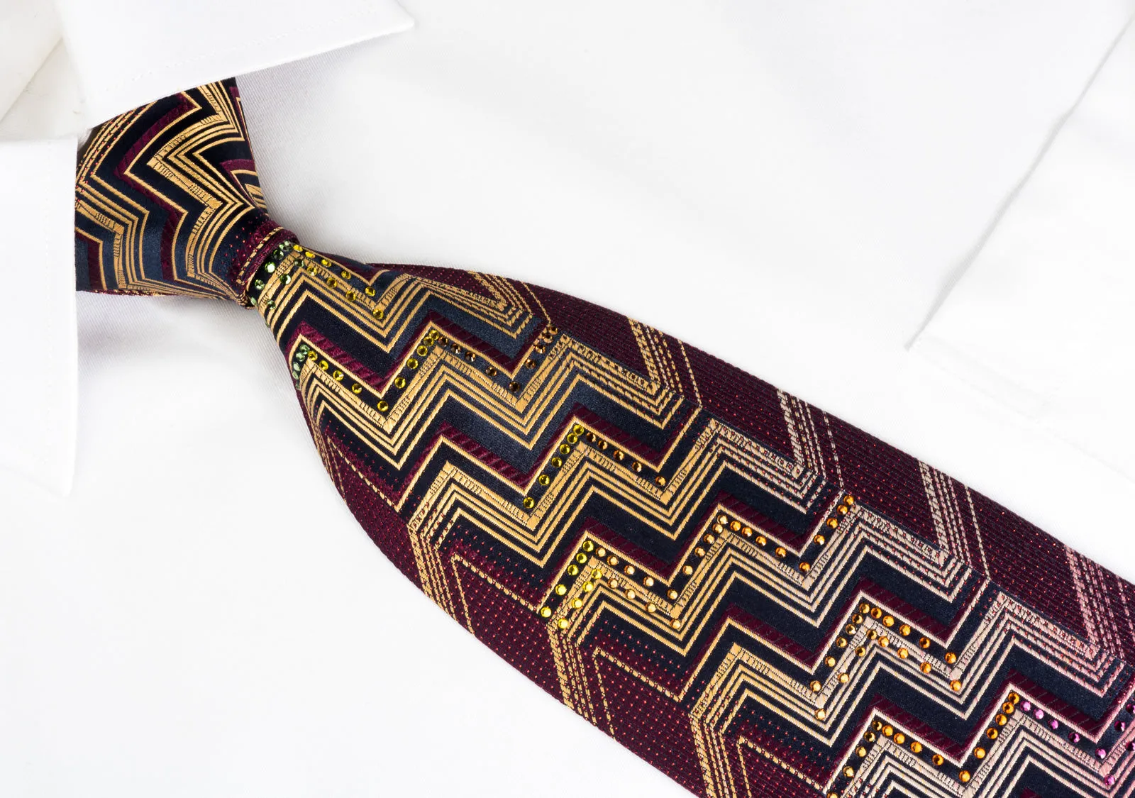 Mila Schon Rhinestone Silk Necktie Yellow Chevron On Burgundy With Red Sparkles