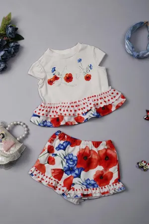 One Friday Baby Girls Off White Floral Peplum Top With Shorts Set