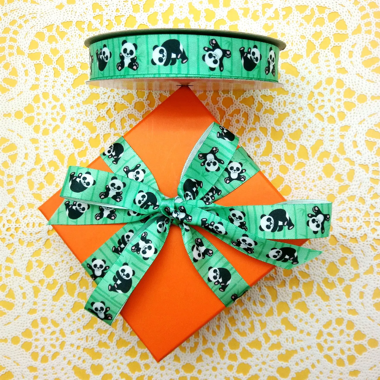 Panda Bear Ribbon on a green bamboo background printed on 5/8" white single face satin