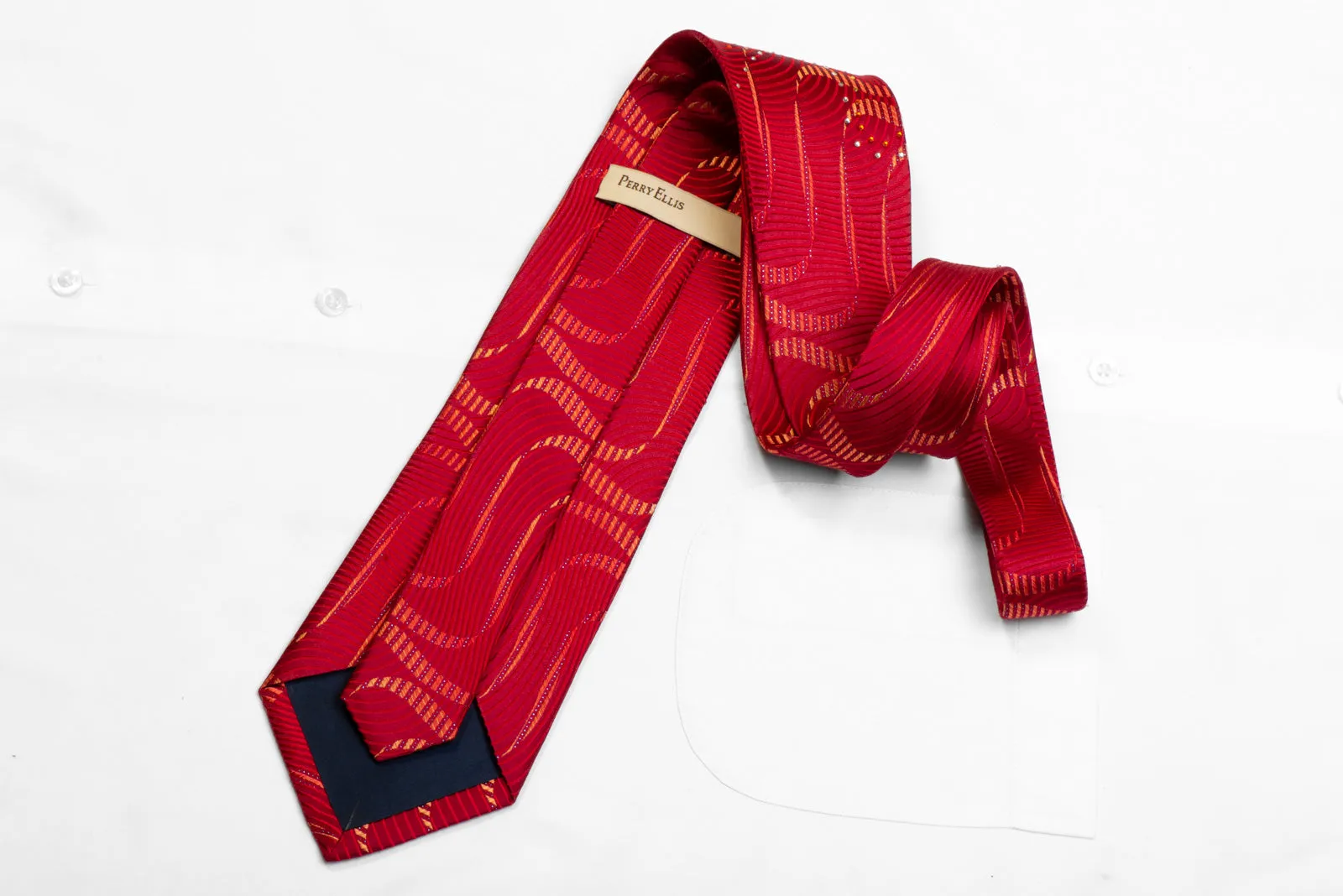 Perry Ellis Rhinestone Silk Necktie Waves On Red With Sparkles