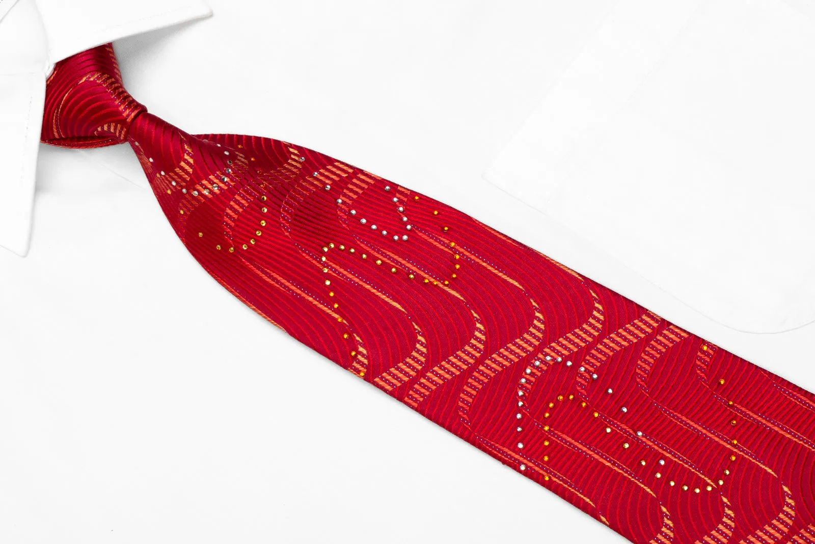 Perry Ellis Rhinestone Silk Necktie Waves On Red With Sparkles