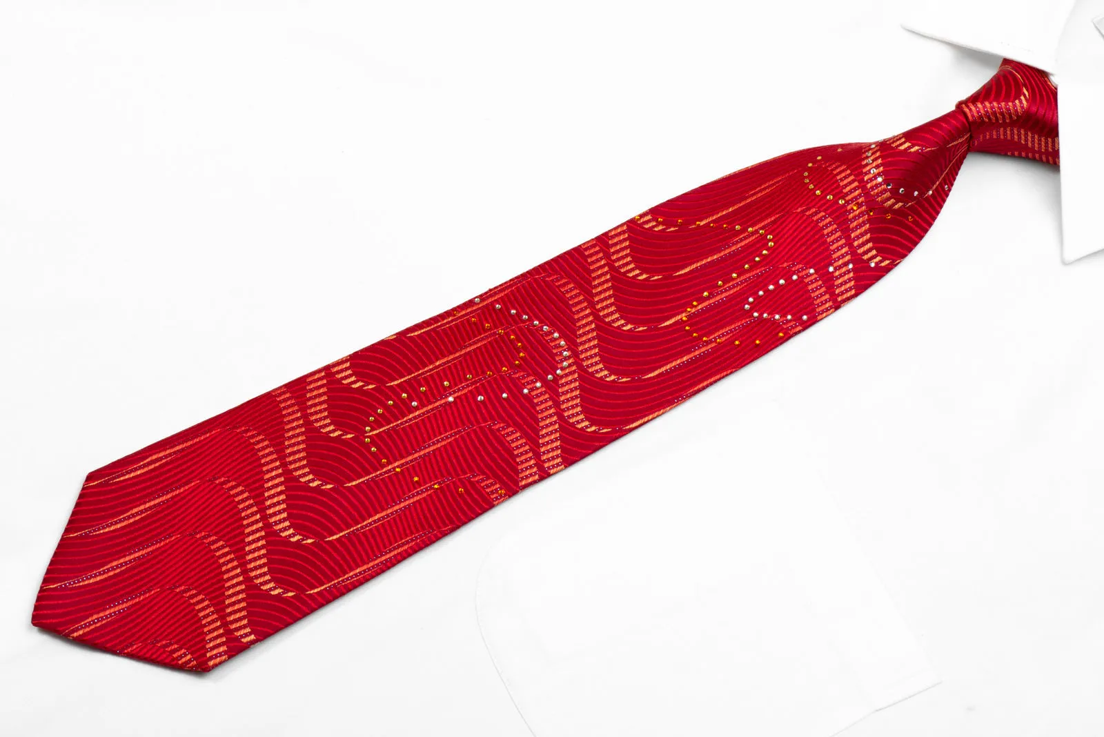 Perry Ellis Rhinestone Silk Necktie Waves On Red With Sparkles