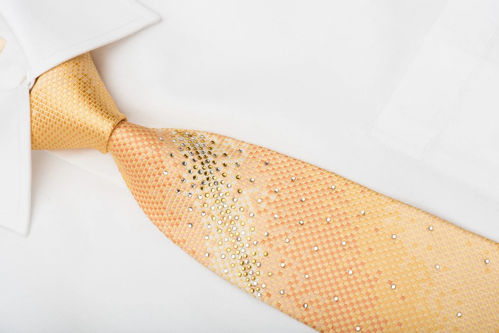 Pierre Cardin Men's Silk Tie Yellow Orange Micro Checkered Sparkling With Rhinestones