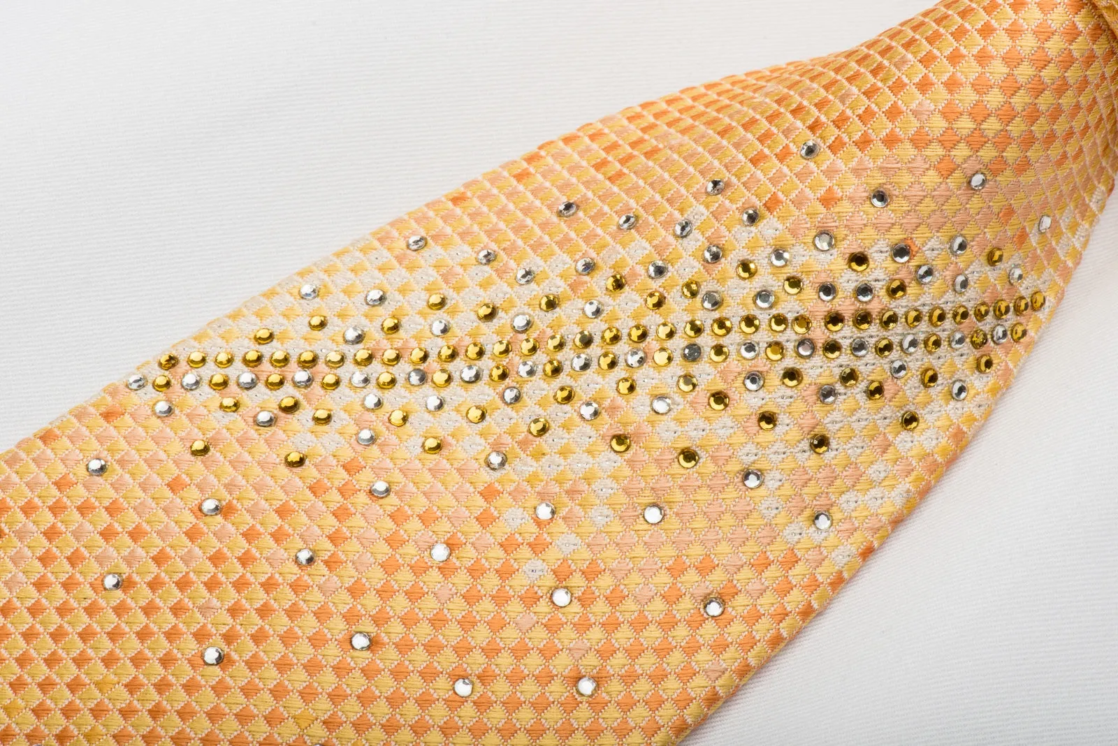 Pierre Cardin Men's Silk Tie Yellow Orange Micro Checkered Sparkling With Rhinestones