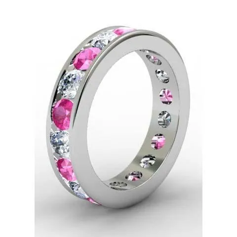 Pink Sapphire and Diamond Round Gemstone Eternity Band in Channel Setting