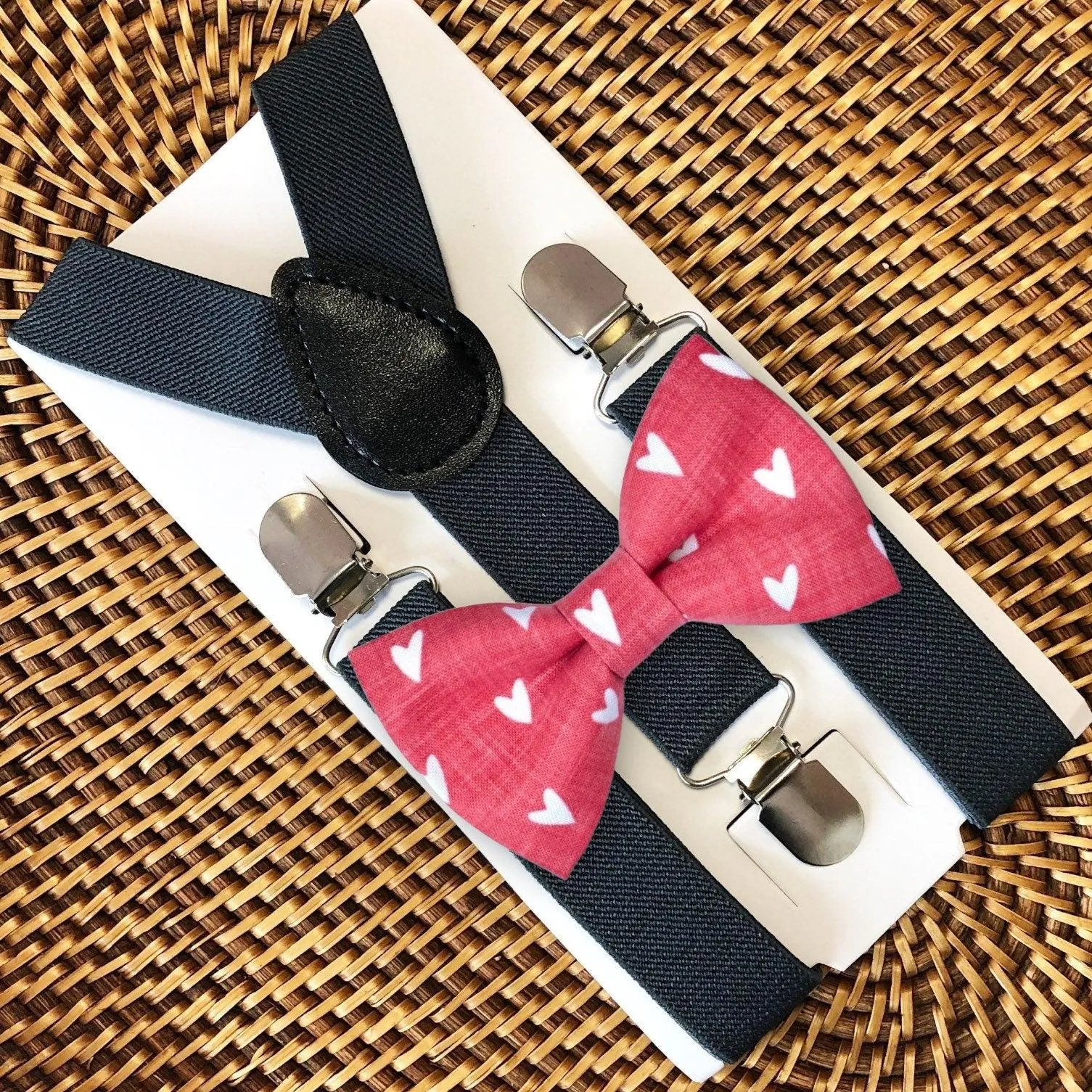 Red Hearts Bow Tie & Dark Grey Suspenders Set