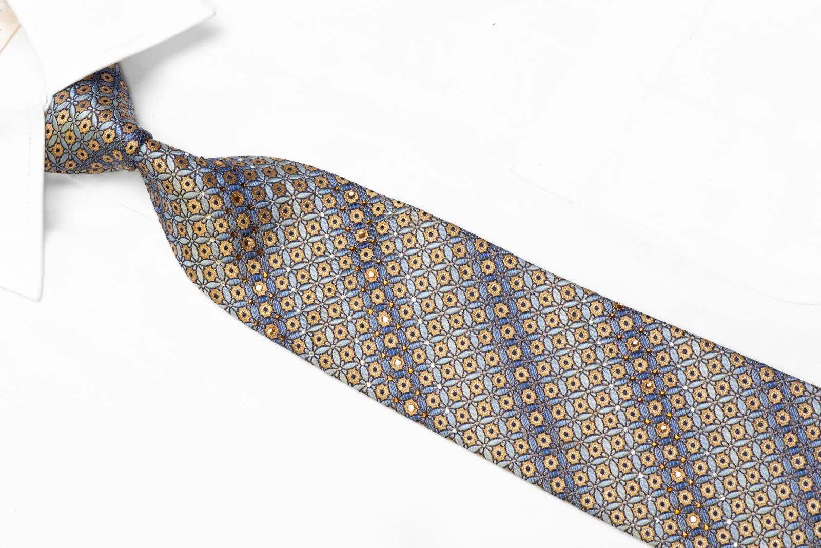 Rhinestone Silk Necktie Yellow Geometric On Blue With Silver Sparkles