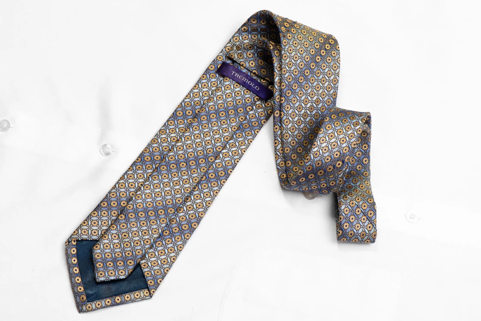 Rhinestone Silk Necktie Yellow Geometric On Blue With Silver Sparkles