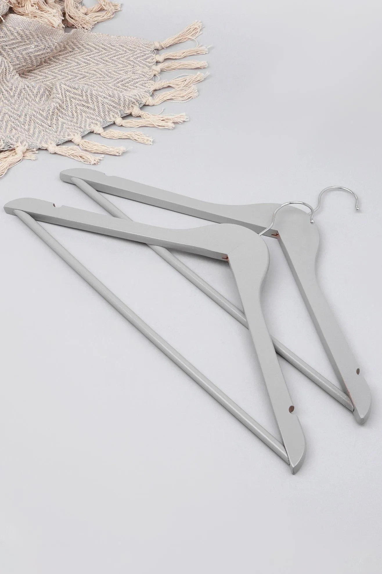 Set of 10 Wooden Notched Chrome Hook Clothes Hangers